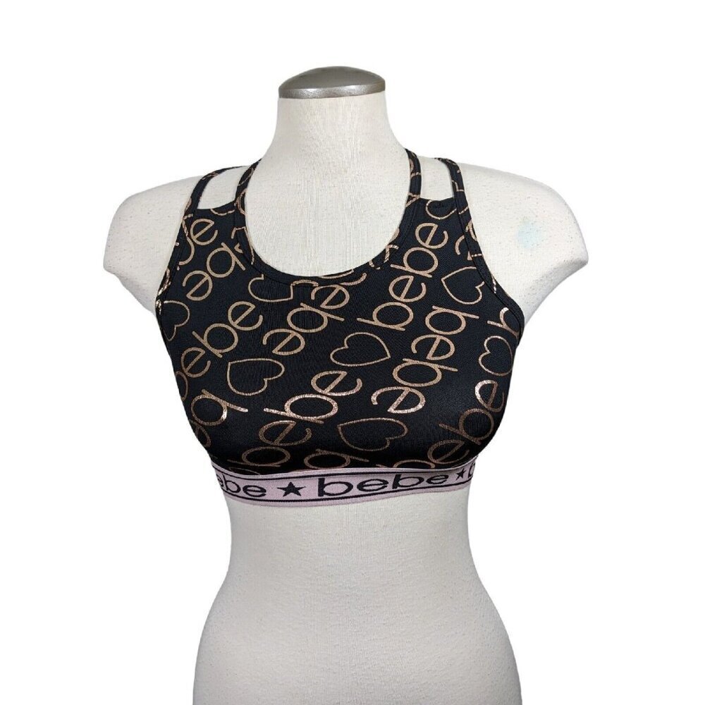 Bebe Bralette Size M 10 12 Black Strappy Back Metallic Gold Logo All Over Print